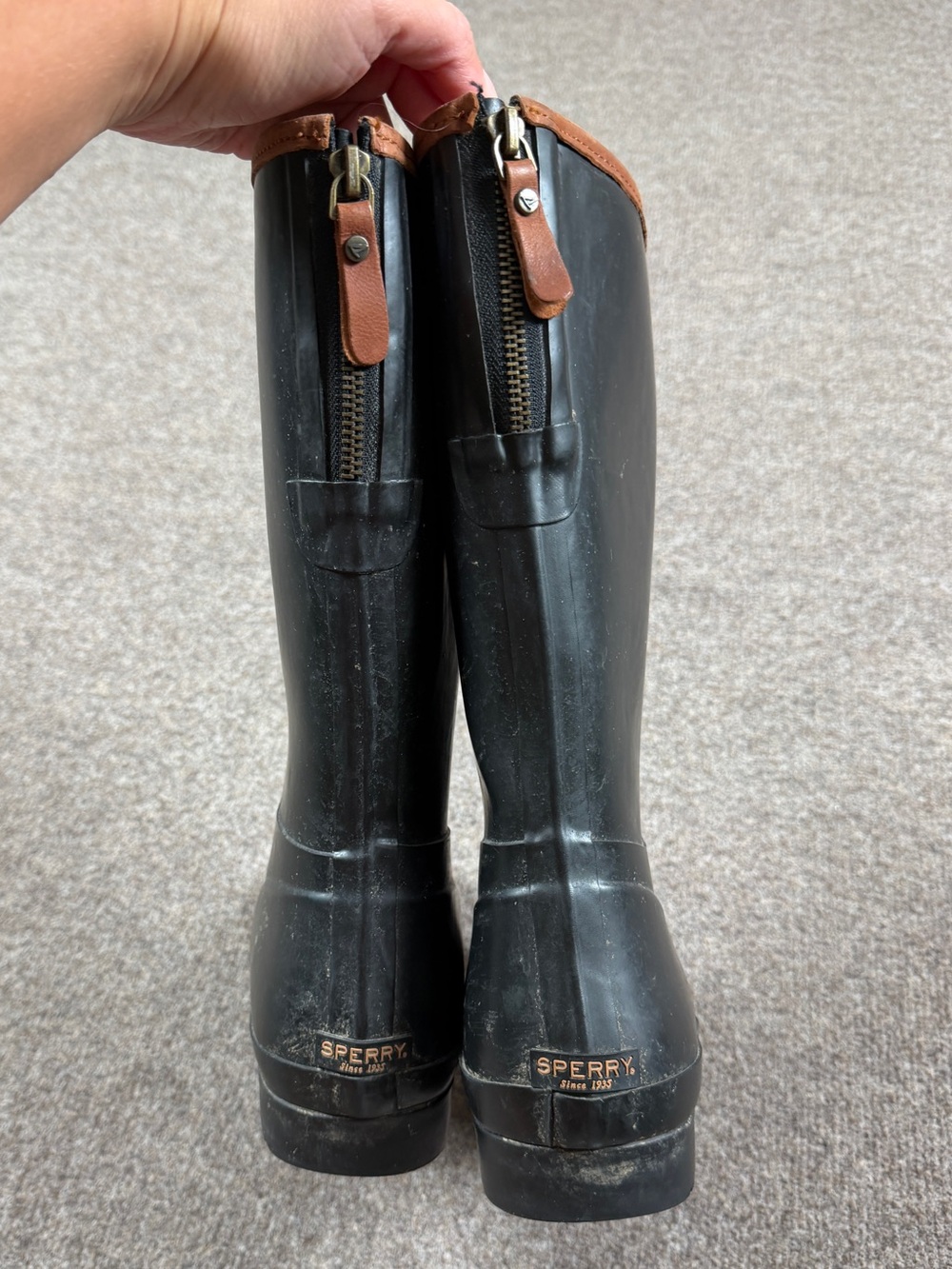 Sperry Black Calf Length Tall Waterproof Rain Boots Women’s 8 Leather Trim Y2K - Picture 4 of 11